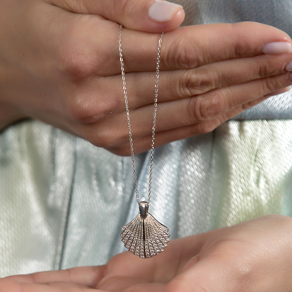 Zirkon Taşlı İstiridye Tasarım İsme Özel Yazılı 925 Ayar Gümüş Kadın Kolye - 6