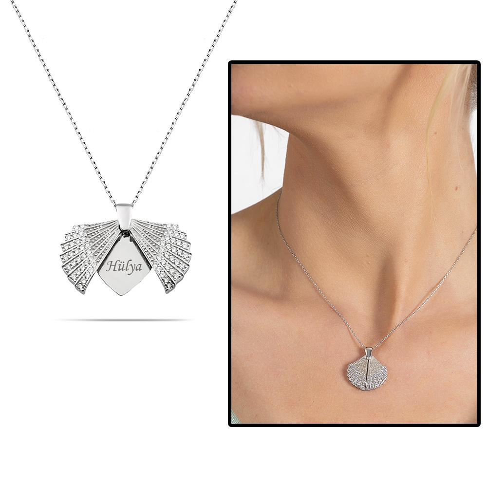 Zirkon Taşlı İstiridye Tasarım İsme Özel Yazılı 925 Ayar Gümüş Kadın Kolye - 1