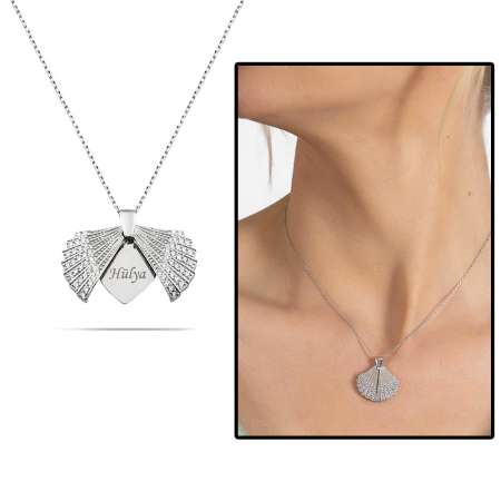 Zirkon Taşlı İstiridye Tasarım İsme Özel Yazılı 925 Ayar Gümüş Kadın Kolye - Tesbihane