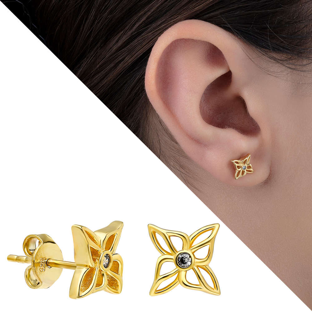 Zirkon Taşlı Ixora Çiçeği Tasarım Altın Renk 925 Ayar Gümüş Küpe - 1