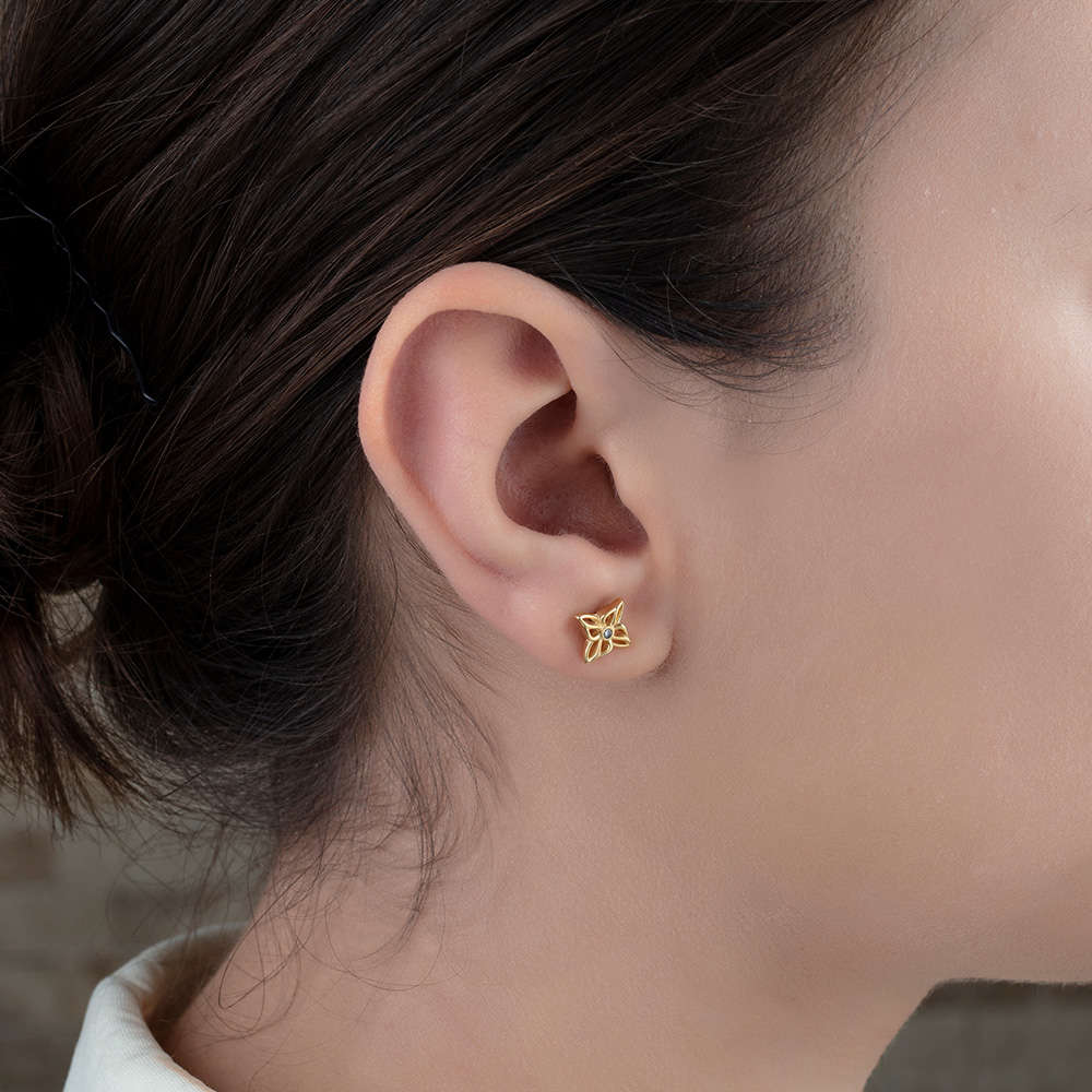 Zirkon Taşlı Ixora Çiçeği Tasarım Altın Renk 925 Ayar Gümüş Küpe - 2