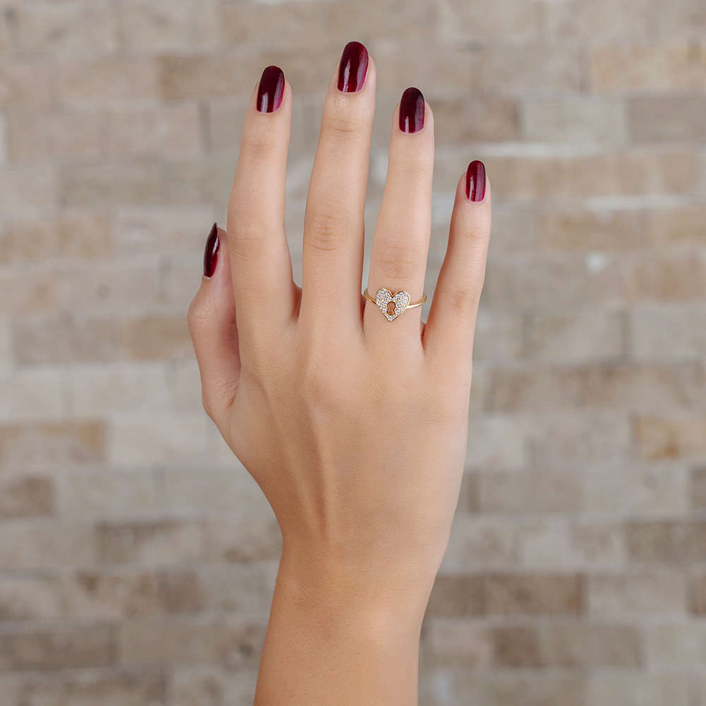 Zirkon Taşlı Kalbimin Kilidi Tasarım Altın Renk 925 Ayar Gümüş Bayan Yüzük - 3