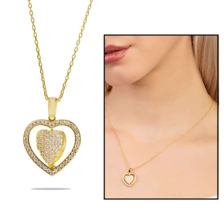Zirkon Taşlı Kalp Model Altın Renk İsme Özel Yazılı 925 Ayar Gümüş Kadın Kolye - Tesbihane