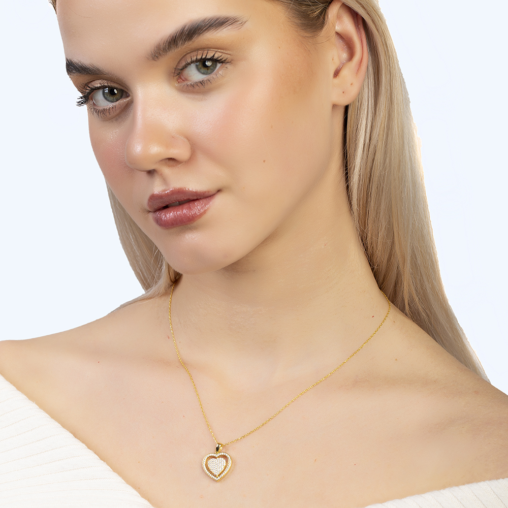 Zirkon Taşlı Kalp Model Altın Renk İsme Özel Yazılı 925 Ayar Gümüş Kadın Kolye - 3
