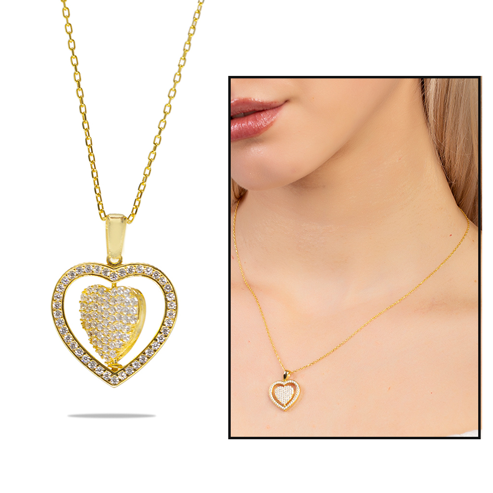 Zirkon Taşlı Kalp Model Altın Renk İsme Özel Yazılı 925 Ayar Gümüş Kadın Kolye - 1