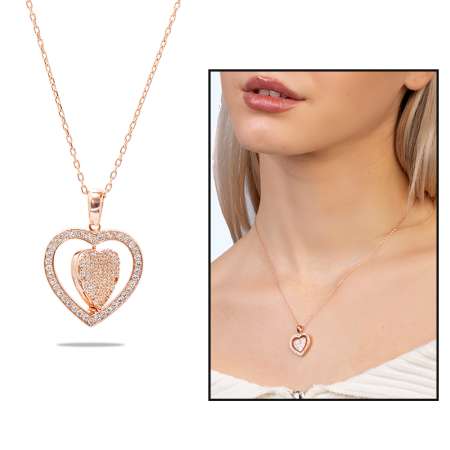 Zirkon Taşlı Kalp Model Rose Renk İsme Özel Yazılı 925 Ayar Gümüş Kadın Kolye - Tesbihane