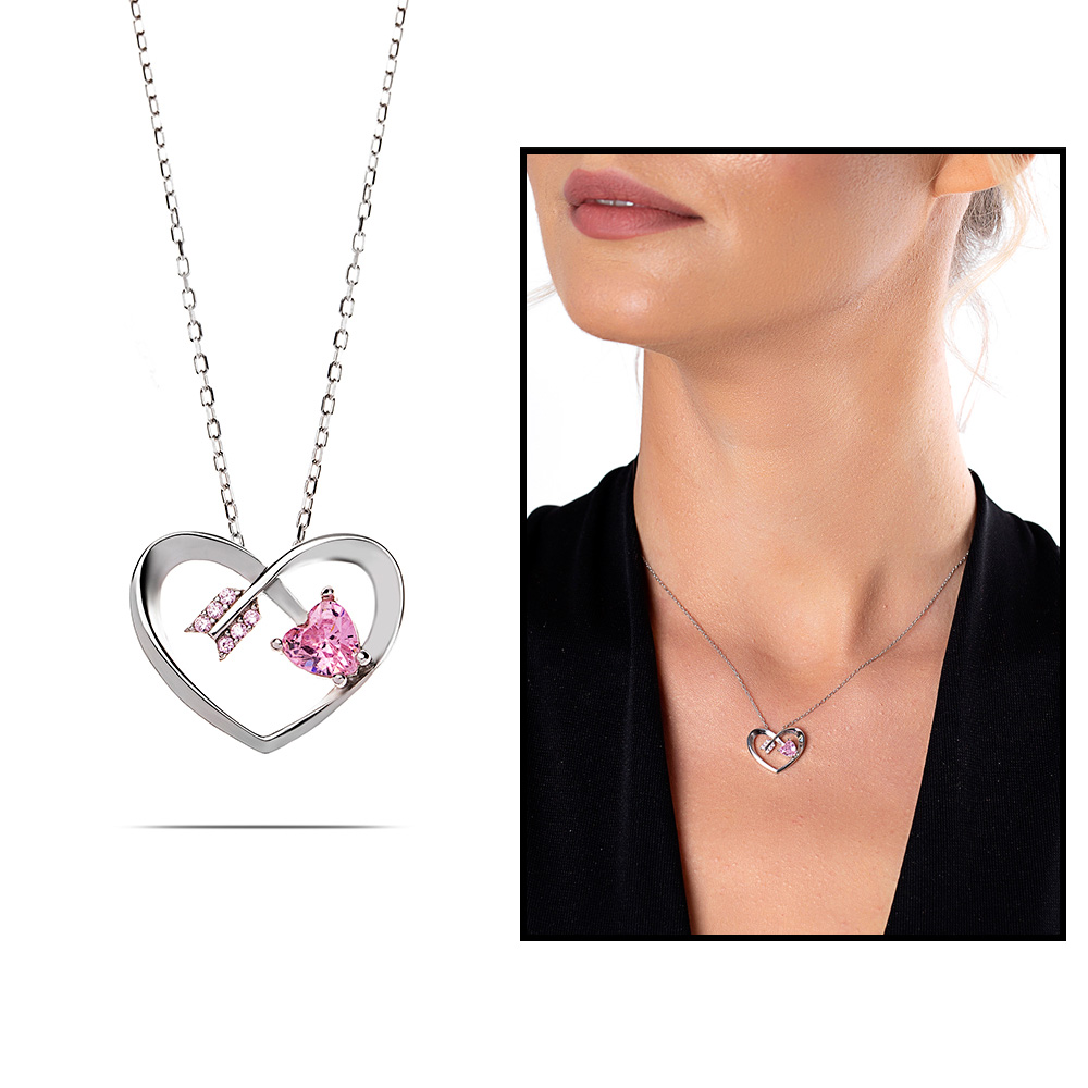 Zirkon Taşlı Kalp Tasarım Eros Temalı 925 Ayar Gümüş Kolye - 1