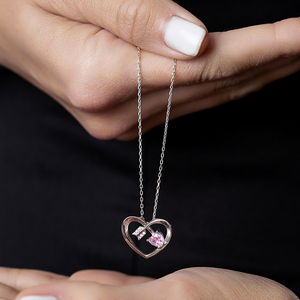 Zirkon Taşlı Kalp Tasarım Eros Temalı 925 Ayar Gümüş Kolye - 4