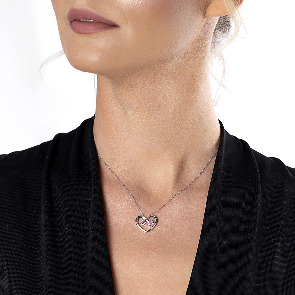 Zirkon Taşlı Kalp Tasarım Eros Temalı 925 Ayar Gümüş Kolye - 3