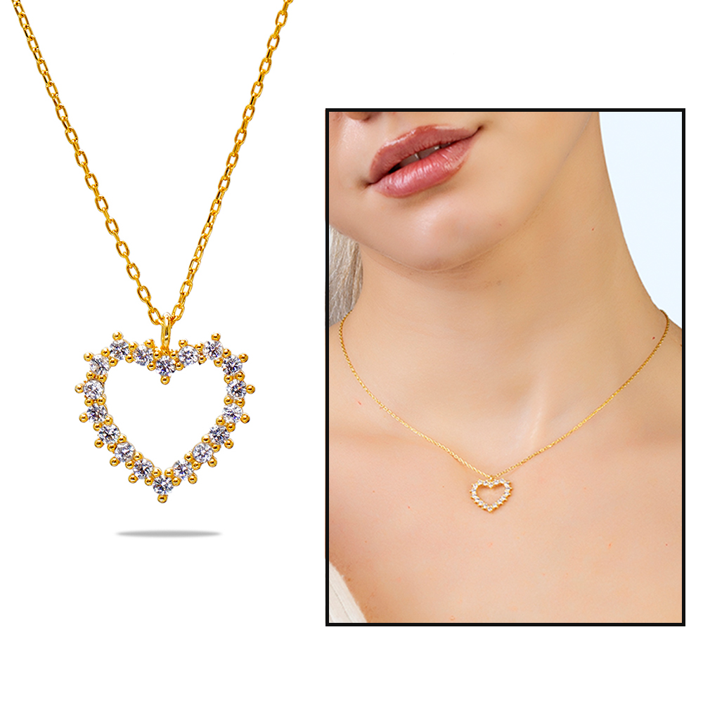 Zirkon Taşlı Kalp Tasarım Altın Renk 925 Ayar Gümüş Kadın Kolye - 1