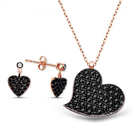 Zirkon Taşlı Kalp Tasarım Gümüş Küpe Kolye Kombini - Tesbihane