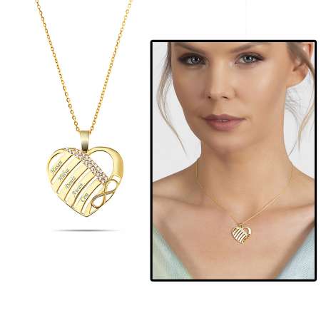 Zirkon Taşlı Kalp Tasarım Kişiye Özel İsimler Yazılı Altın Renk 925 Ayar Kolye - Tesbihane