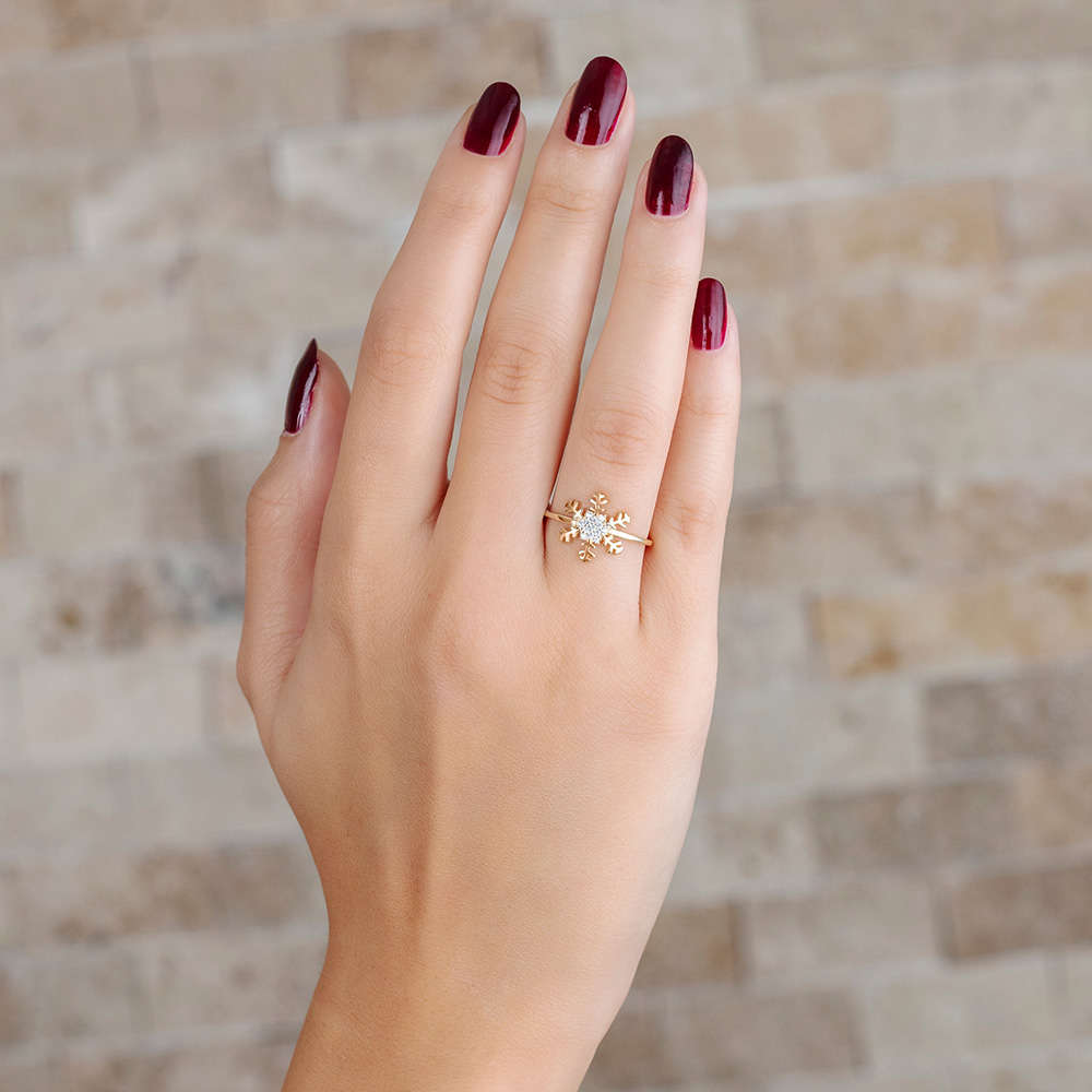 Zirkon Taşlı Kar Tanesi Tasarım Altın Renk 925 Ayar Gümüş Bayan Yüzük - 3