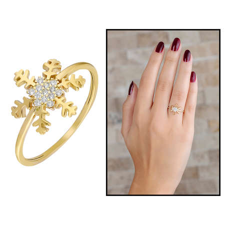 Zirkon Taşlı Kar Tanesi Tasarım Altın Renk 925 Ayar Gümüş Bayan Yüzük - Tesbihane