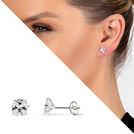 Zirkon Taşlı Kare Tasarım 925 Ayar Gümüş Kadın Küpe - Tesbihane