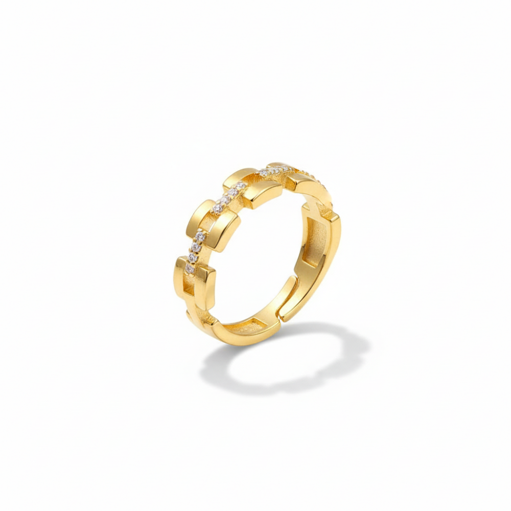 Zirkon Taşlı Kare Zincir Tasarım Altın Renk Ayarlanabilir Ölçü 925 Ayar Gümüş Kadın Yüzük - 4