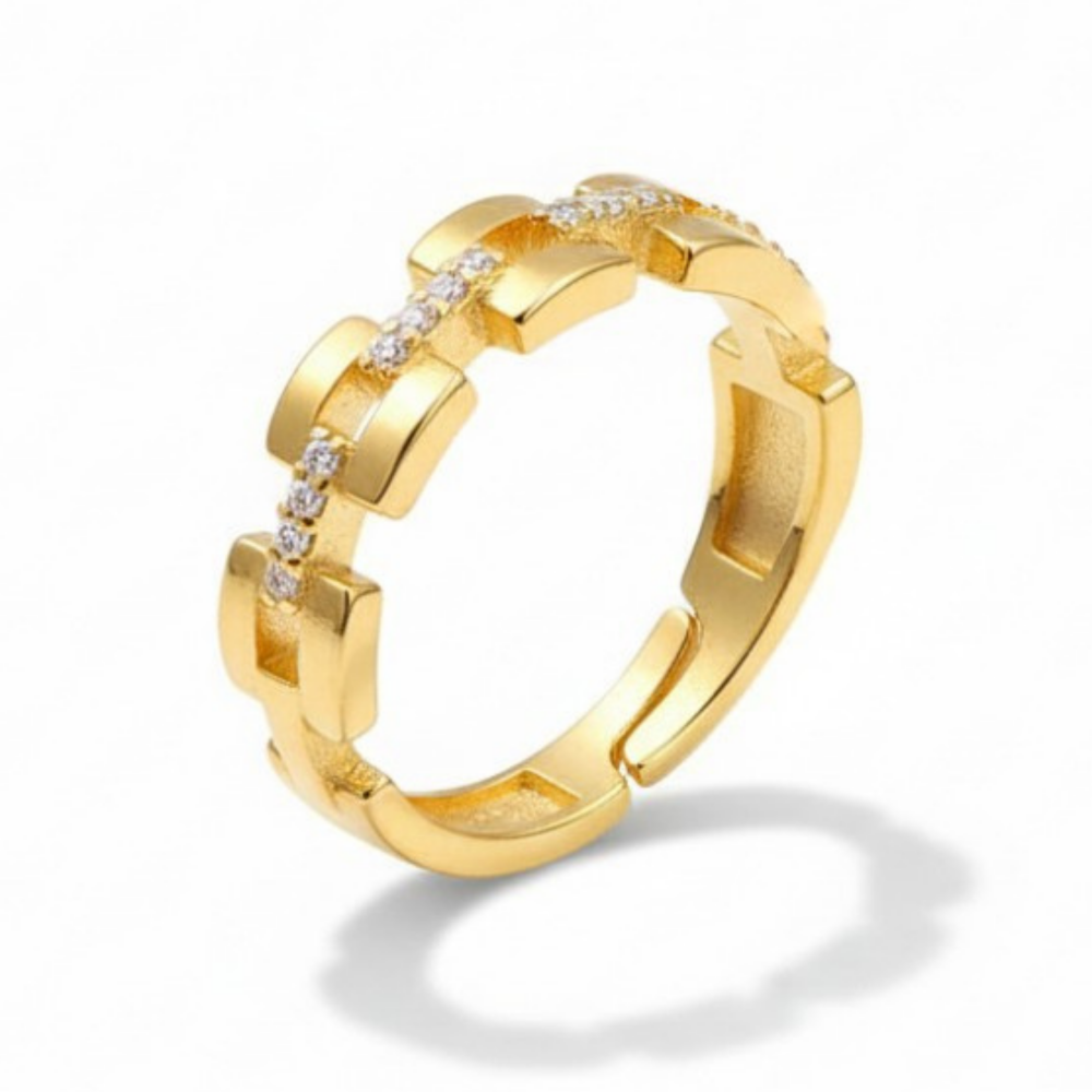 Zirkon Taşlı Kare Zincir Tasarım Altın Renk Ayarlanabilir Ölçü 925 Ayar Gümüş Kadın Yüzük - 2