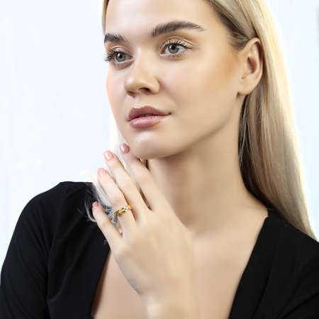 Zirkon Taşlı Kare Zincir Tasarım Altın Renk Ayarlanabilir Ölçü 925 Ayar Gümüş Kadın Yüzük - Tesbihane