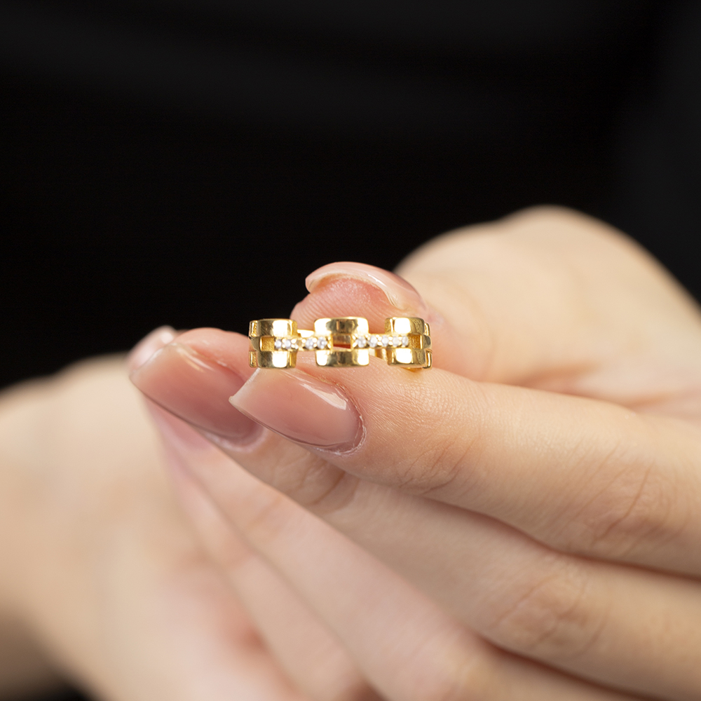 Zirkon Taşlı Kare Zincir Tasarım Altın Renk Ayarlanabilir Ölçü 925 Ayar Gümüş Kadın Yüzük - 2