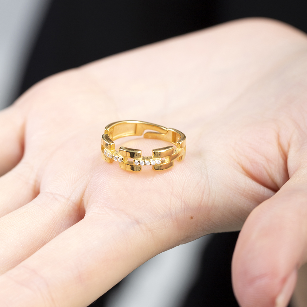 Zirkon Taşlı Kare Zincir Tasarım Altın Renk Ayarlanabilir Ölçü 925 Ayar Gümüş Kadın Yüzük - 5