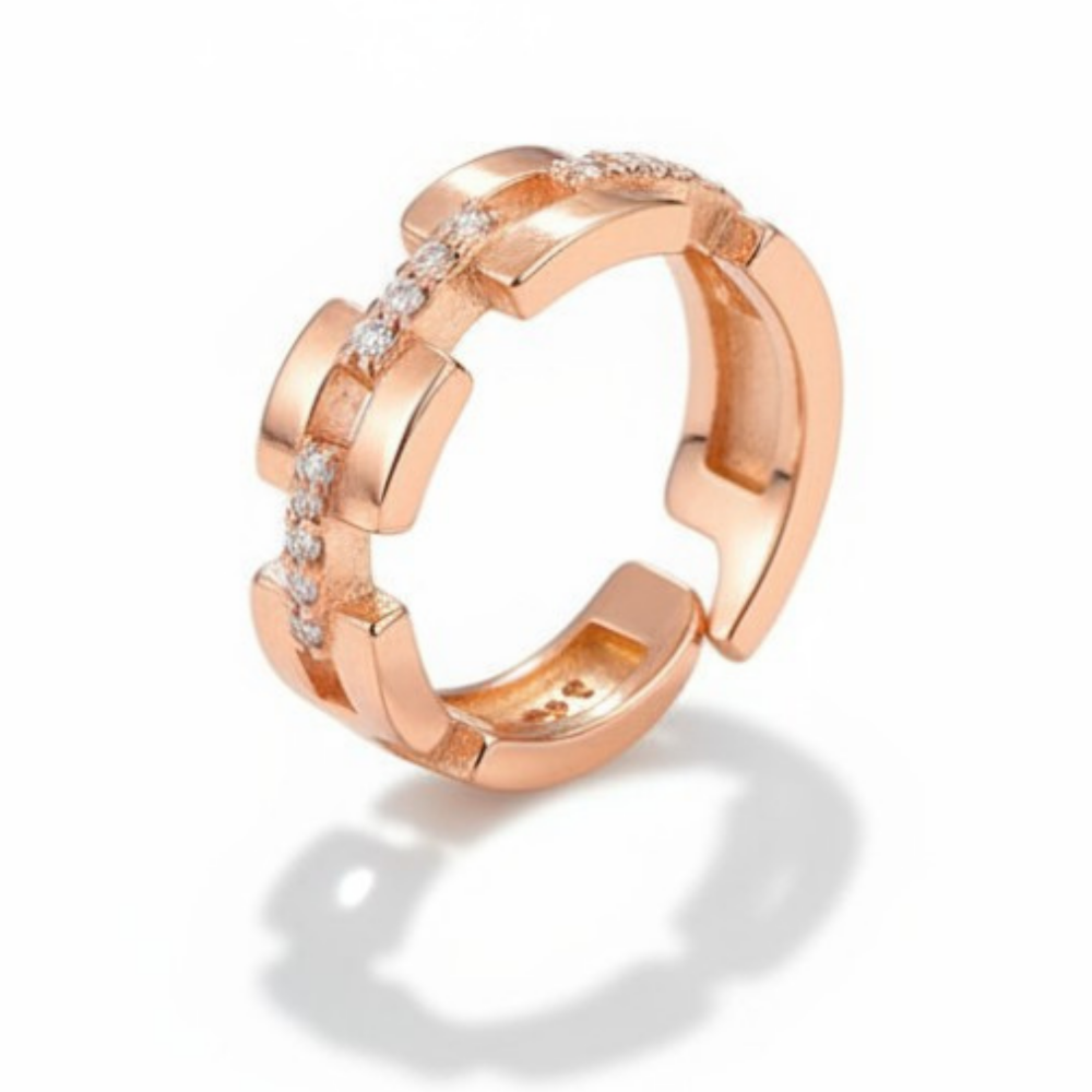 Zirkon Taşlı Kare Zincir Tasarım Rose Renk Ayarlanabilir Ölçü 925 Ayar Gümüş Kadın Yüzük - 2