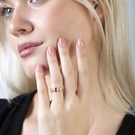 Zirkon Taşlı Kare Zincir Tasarım Rose Renk Ayarlanabilir Ölçü 925 Ayar Gümüş Kadın Yüzük - Tesbihane