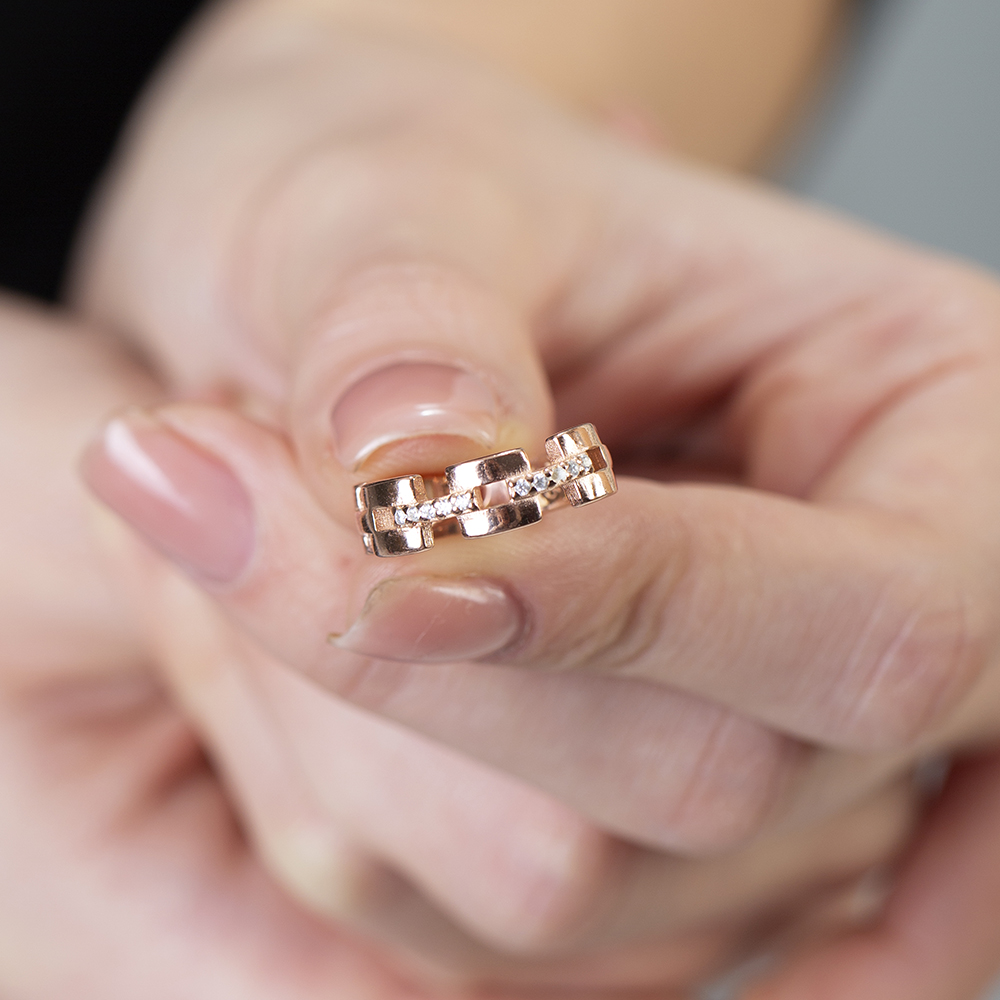 Zirkon Taşlı Kare Zincir Tasarım Rose Renk Ayarlanabilir Ölçü 925 Ayar Gümüş Kadın Yüzük - 2