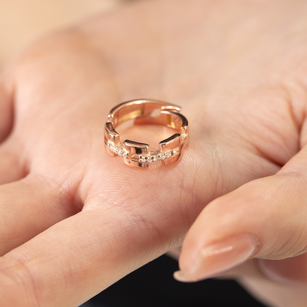 Zirkon Taşlı Kare Zincir Tasarım Rose Renk Ayarlanabilir Ölçü 925 Ayar Gümüş Kadın Yüzük - 5