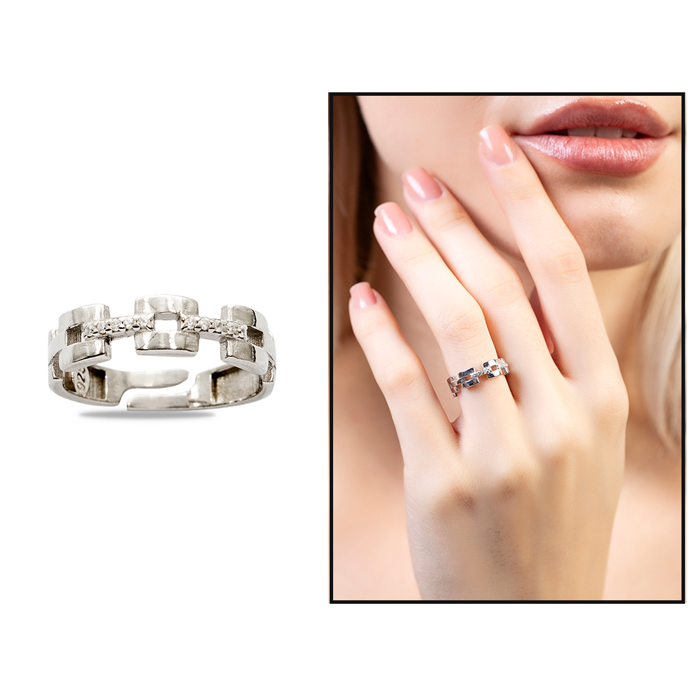 Zirkon Taşlı Kare Zincir Tasarım Gümüş Renk Ayarlanabilir Ölçü 925 Ayar Gümüş Kadın Yüzük - 1