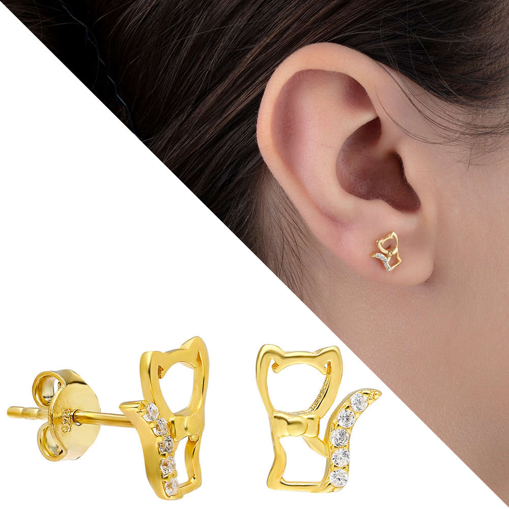 Zirkon Taşlı Kedi Tasarım Gold Renk 925 Ayar Gümüş Küpe - 1