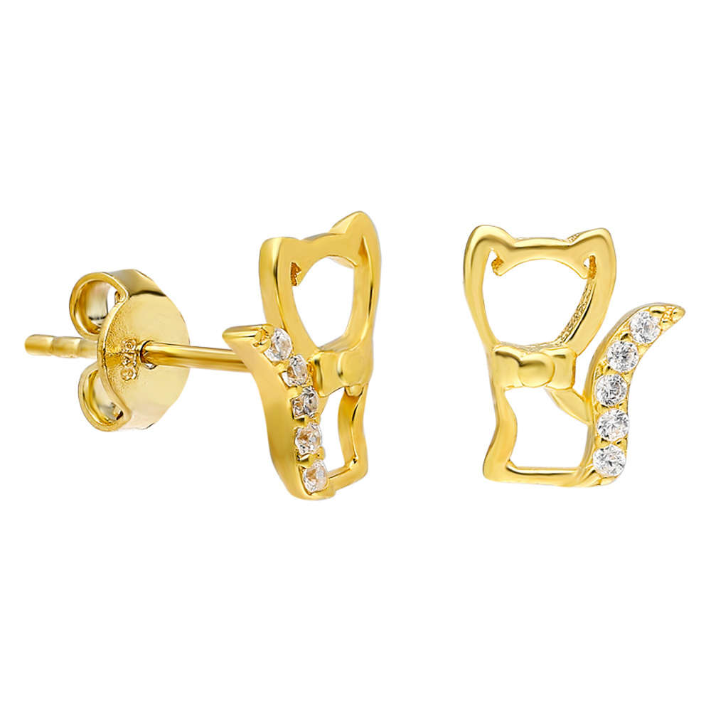 Zirkon Taşlı Kedi Tasarım Gold Renk 925 Ayar Gümüş Küpe - 3