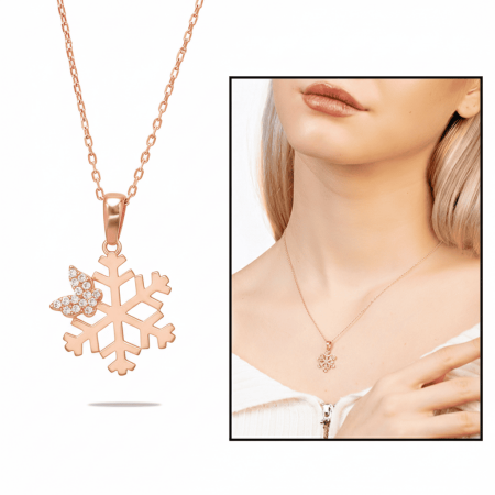Zirkon Taşlı Kelebek Detaylı Kar Tanesi Model Rose Renk 925 Ayar Gümüş Kadın Kolye - Tesbihane