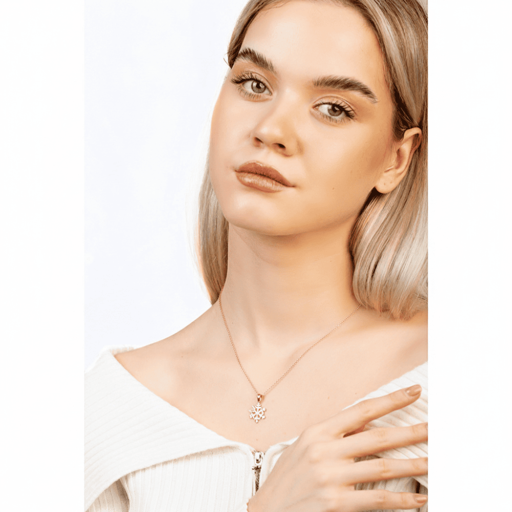 Zirkon Taşlı Kelebek Detaylı Kar Tanesi Model Rose Renk 925 Ayar Gümüş Kadın Kolye - 2