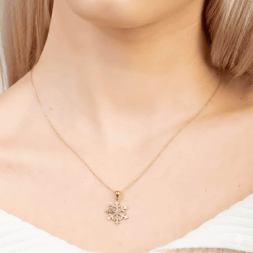 Zirkon Taşlı Kelebek Detaylı Kar Tanesi Model Rose Renk 925 Ayar Gümüş Kadın Kolye - 4