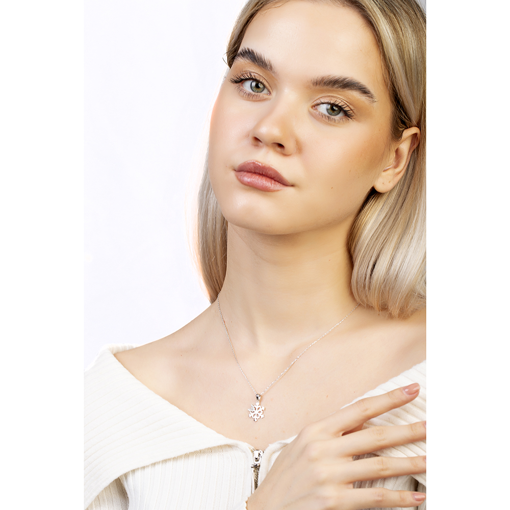 Zirkon Taşlı Kelebek Detaylı Kar Tanesi Model Gümüş Renk 925 Ayar Gümüş Kadın Kolye - 3