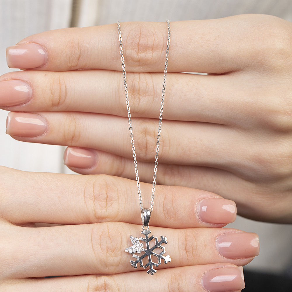 Zirkon Taşlı Kelebek Detaylı Kar Tanesi Model Gümüş Renk 925 Ayar Gümüş Kadın Kolye - 5