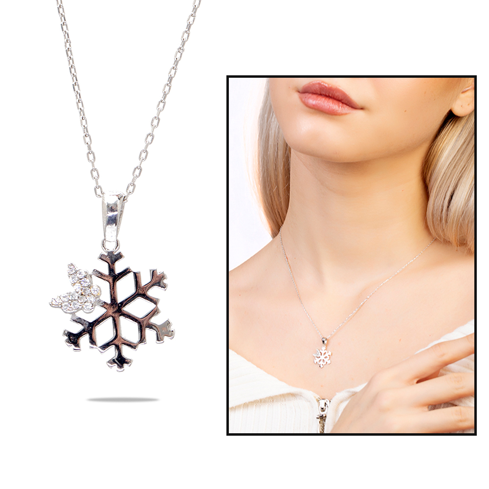 Zirkon Taşlı Kelebek Detaylı Kar Tanesi Model Gümüş Renk 925 Ayar Gümüş Kadın Kolye - 1