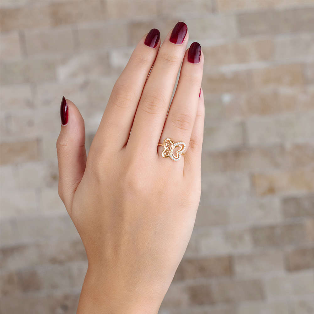 Zirkon Taşlı Kelebek Tasarım Altın Renk 925 Ayar Gümüş Bayan Yüzük - 3