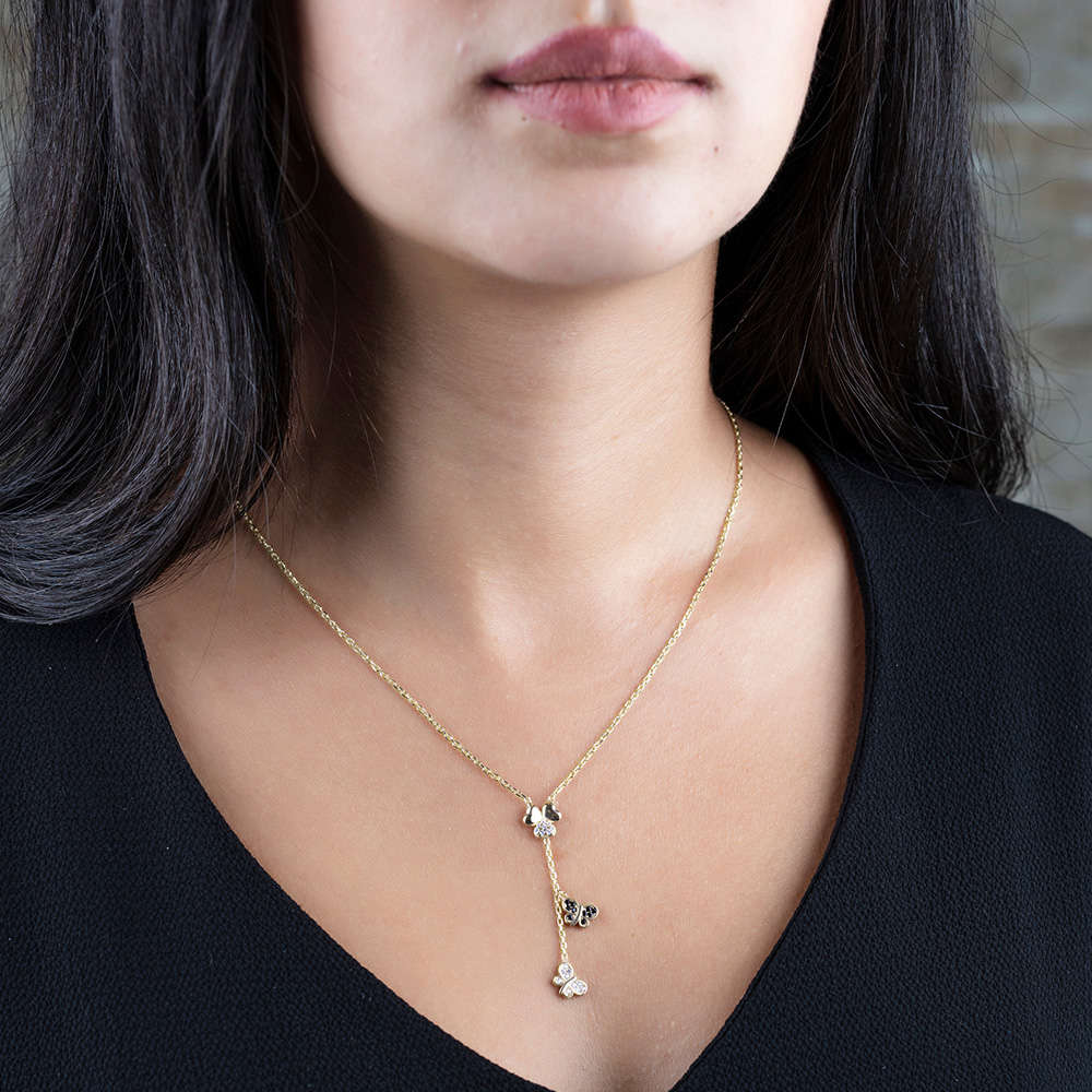 Zirkon Taşlı Kelebek Yonca Yaprağı Kombinli Altın Renk 925 Ayar Gümüş Kolye - 2