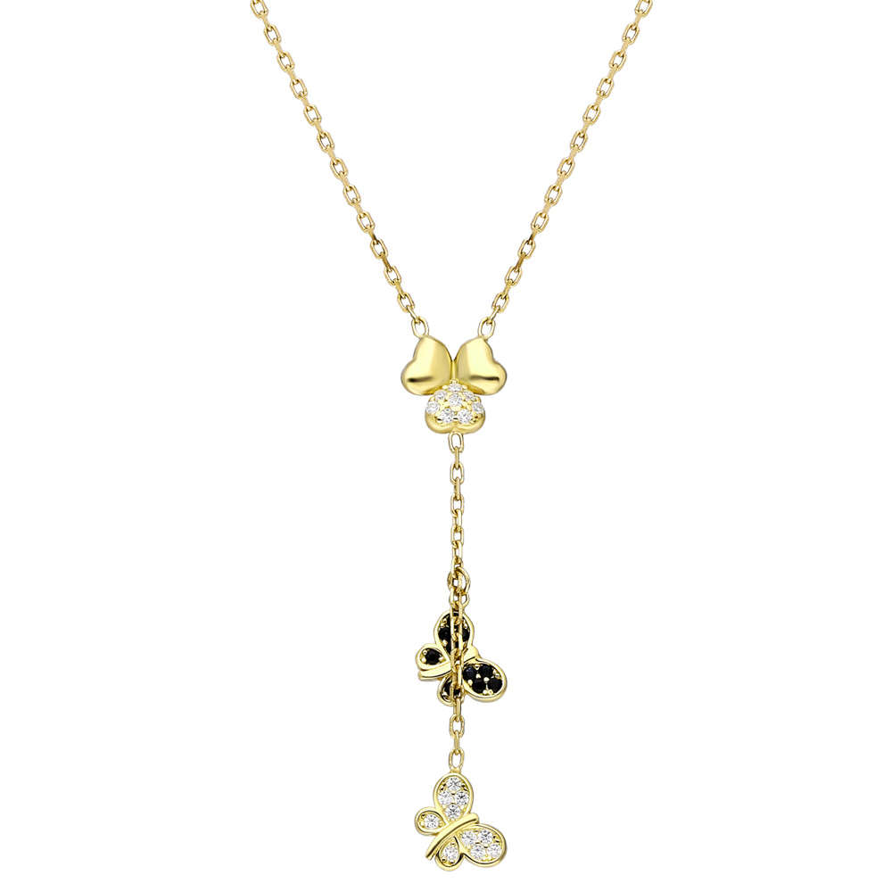Zirkon Taşlı Kelebek Yonca Yaprağı Kombinli Altın Renk 925 Ayar Gümüş Kolye - 3