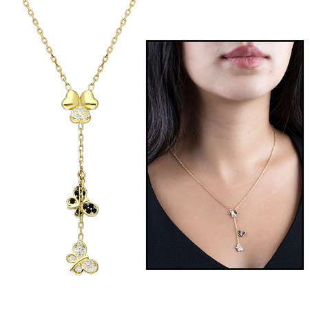 Zirkon Taşlı Kelebek Yonca Yaprağı Kombinli Altın Renk 925 Ayar Gümüş Kolye - Tesbihane