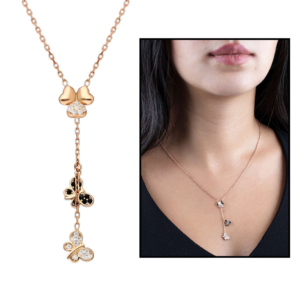 Zirkon Taşlı Kelebek Yonca Yaprağı Kombinli Rose Renk 925 Ayar Gümüş Kolye - 1