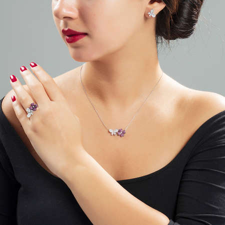 Zirkon Taşlı Kelebek-Yonca Yaprağı Tasarım 925 Ayar Gümüş 3'lü Takı Seti - Tesbihane