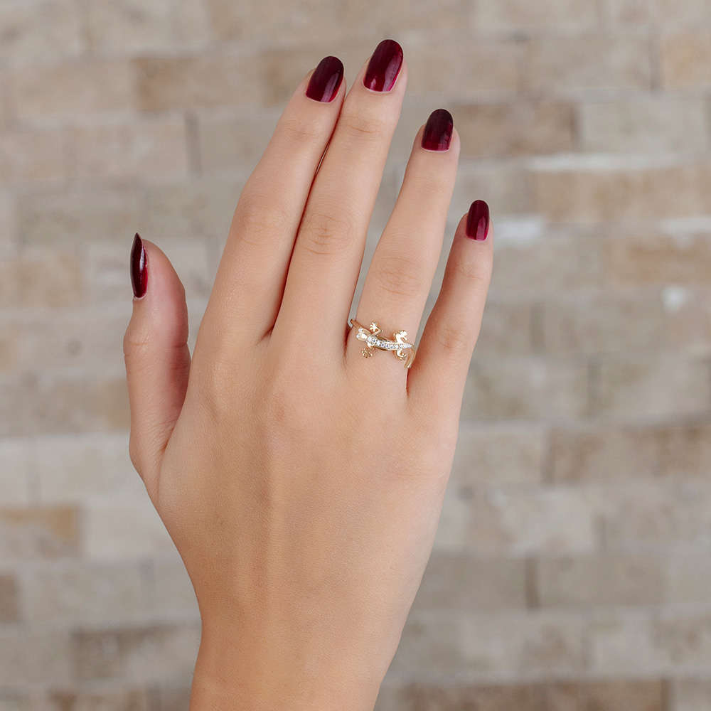 Zirkon Taşlı Kertenkele Tasarım Altın Renk 925 Ayar Gümüş Bayan Yüzük - 3