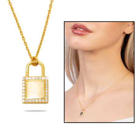 Zirkon Taşlı Kilit Tasarım Altın Renk İsme Özel Harf Yazılı 925 Ayar Gümüş Kadın Kolye - Tesbihane