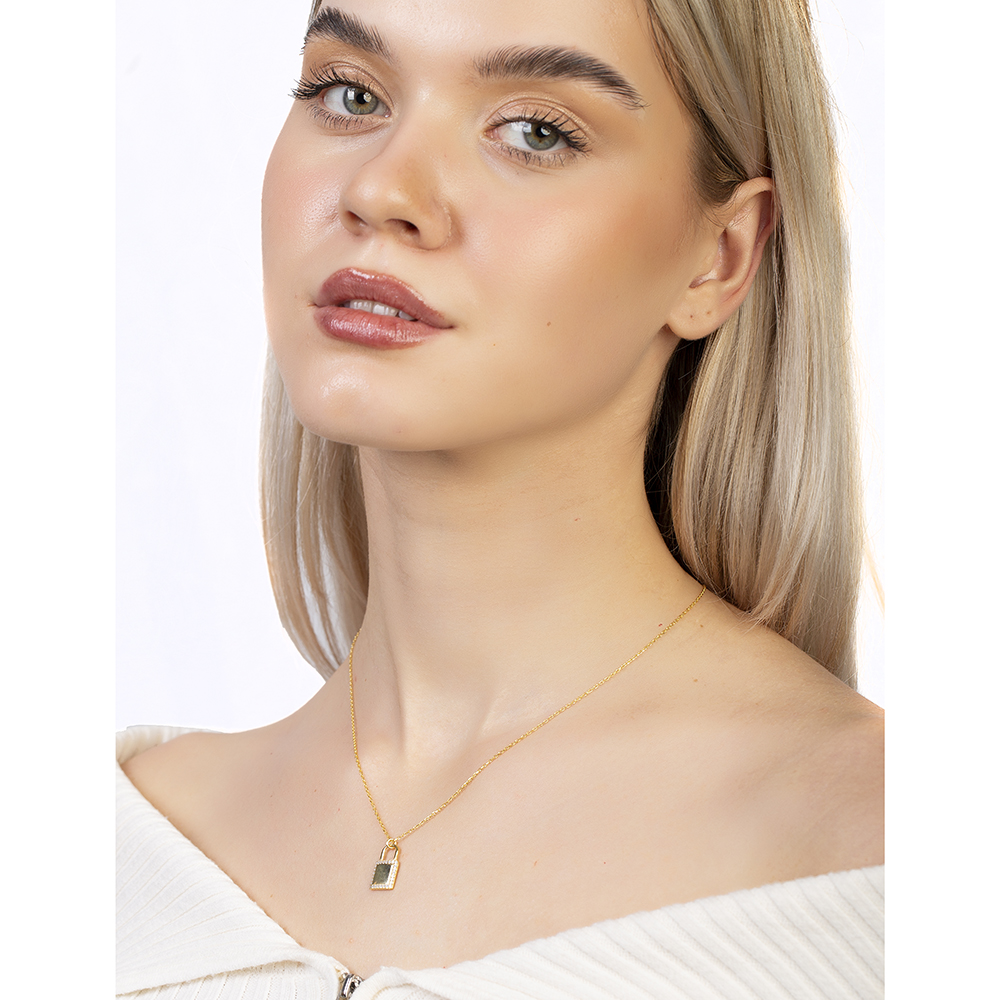 Zirkon Taşlı Kilit Tasarım Altın Renk İsme Özel Harf Yazılı 925 Ayar Gümüş Kadın Kolye - 3