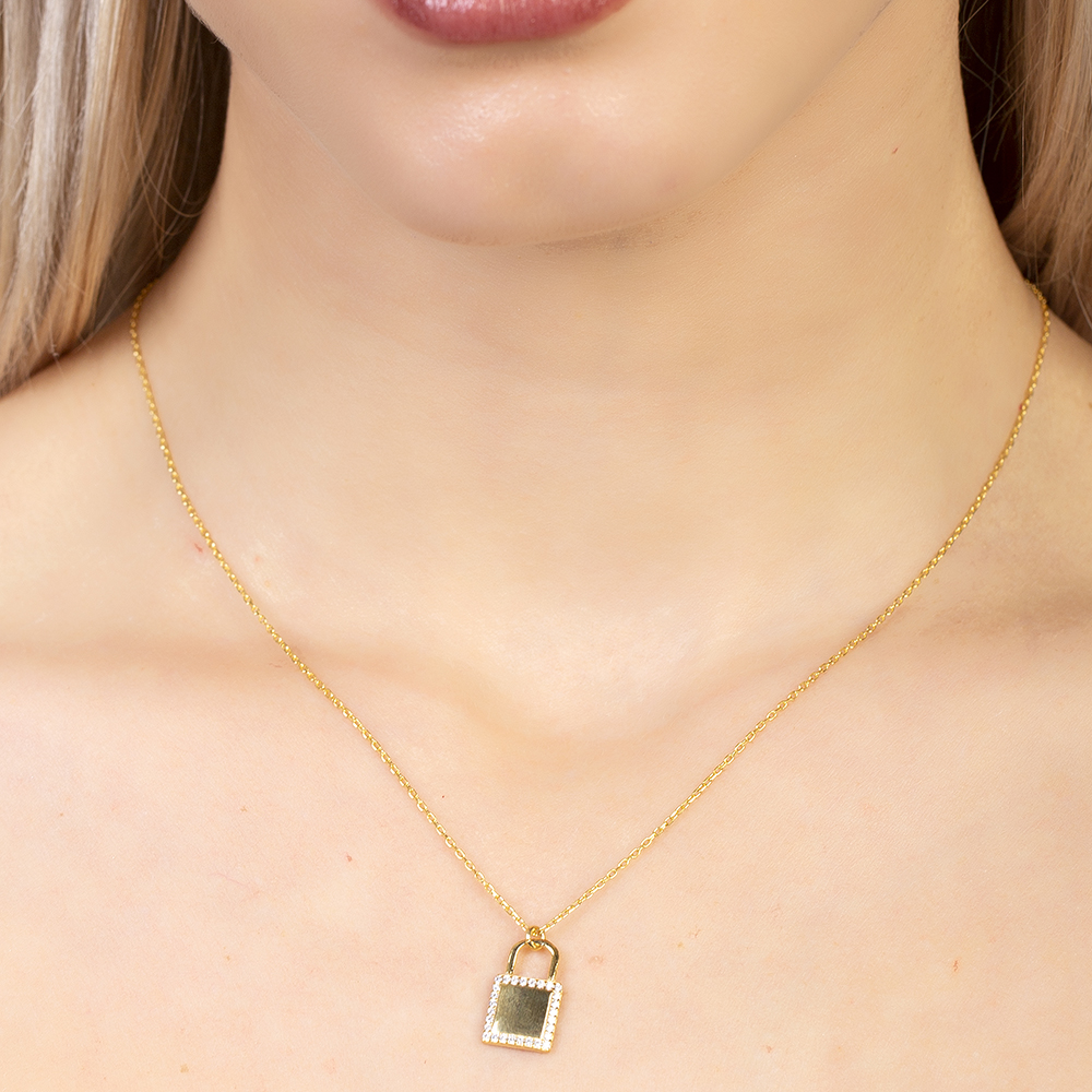 Zirkon Taşlı Kilit Tasarım Altın Renk İsme Özel Harf Yazılı 925 Ayar Gümüş Kadın Kolye - 4