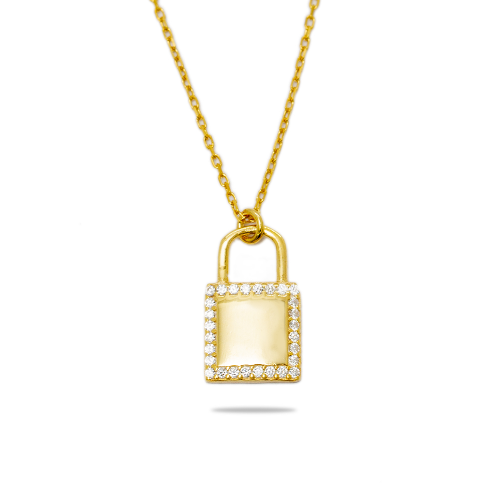 Zirkon Taşlı Kilit Tasarım Altın Renk İsme Özel Harf Yazılı 925 Ayar Gümüş Kadın Kolye - 2