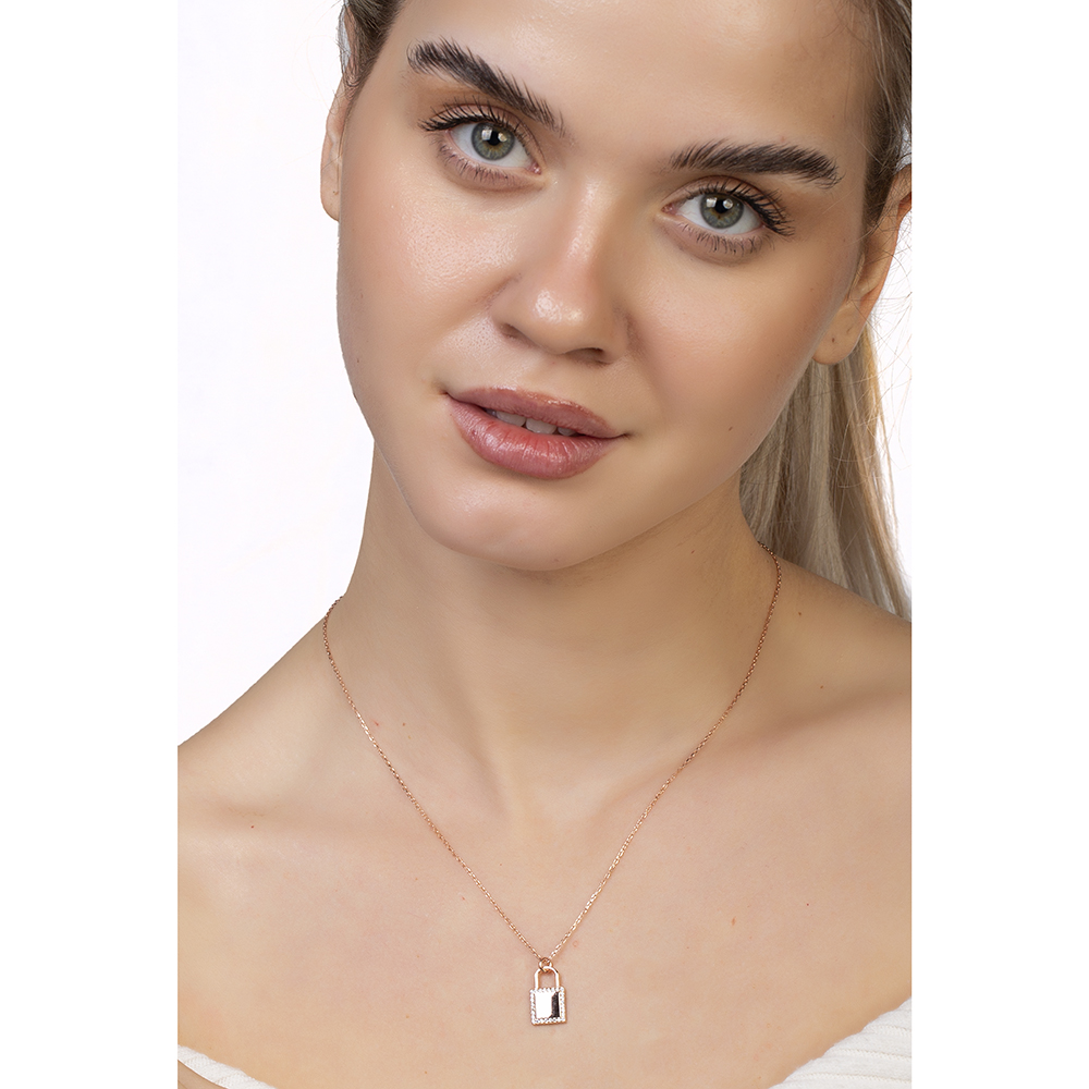 Zirkon Taşlı Kilit Tasarım Rose Renk İsme Özel Harf Yazılı 925 Ayar Gümüş Kadın Kolye - 3