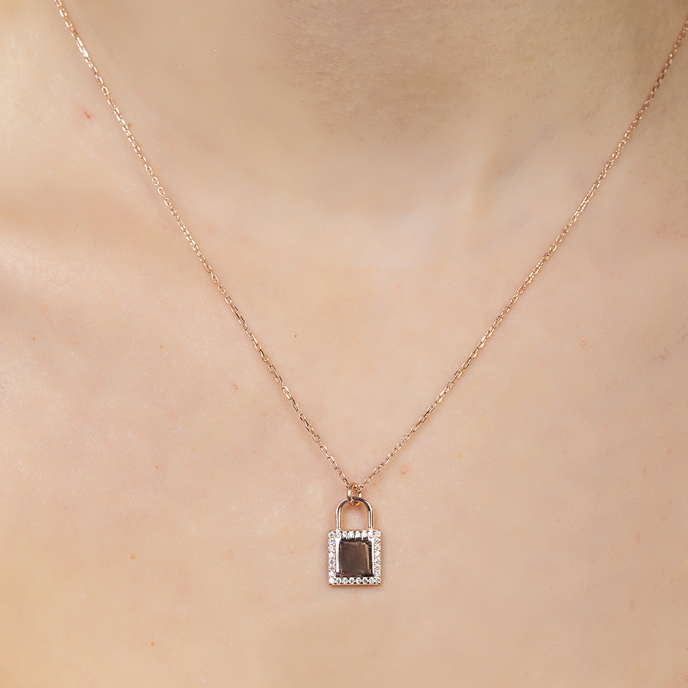 Zirkon Taşlı Kilit Tasarım Rose Renk İsme Özel Harf Yazılı 925 Ayar Gümüş Kadın Kolye - 4